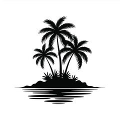 Silhouette of three palm trees on a small island with water reflection
