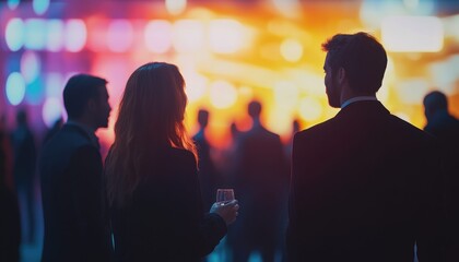 Elegant Evening Gathering: A Stylish Affair Illuminated by Vibrant Lights and Engaging Conversations