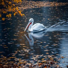 HD resolution Dalmatian pelican, Pelecanus crispus, swimming in a clear blue lake during summer, surrounded by lush green vegetation, sunlight dappling the water's surface.