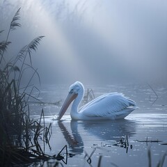 HD resolution Dalmatian pelican, Pelecanus crispus, swimming in a clear blue lake during summer, surrounded by lush green vegetation, sunlight dappling the water's surface.