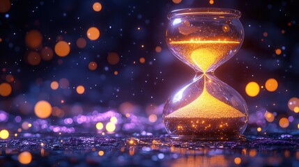 Glowing hourglass on dark background with bokeh.