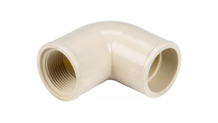 A 90-degree CPVC pipe elbow fitting with female threads isolated on a clean transparent background