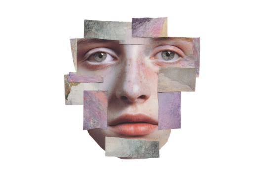 Surreal collage face composed of overlapping textured surfaces and features