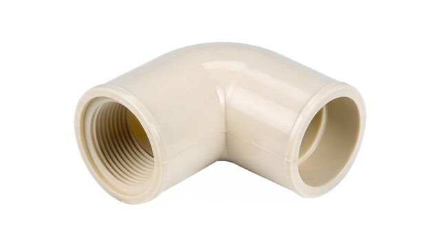 A 90-degree CPVC pipe elbow fitting with female threads isolated on a clean transparent background