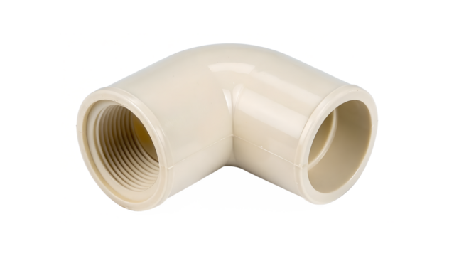 A 90-degree CPVC pipe elbow fitting with female threads isolated on a clean transparent background