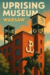 Obraz premium Dramatic stylized view of the Warsaw Uprising Museum in Poland, with a red-brick building, clock tower and bronze statue of a soldier in front under dramatic clouds