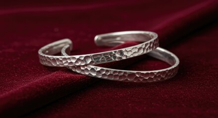 Hammered Silver Cuff Bracelets on Deep Red Velvet, Jewelry Still Life