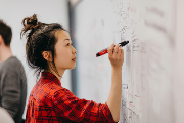 A young Asian woman guides a redesign sprint for the company intranet, using whiteboard sketches and peer input to enhance the interface.