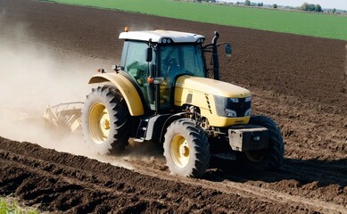 Obraz premium Modern Farm Tractor Tilling Rich Soil in Arable Land