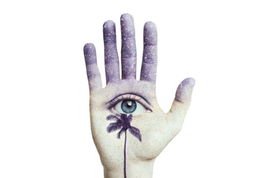 Surreal hand with a blue eye and palm tree design showcasing retro vibes