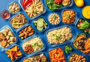 Assortment of healthy pre-packaged meals, various cuisines, isolated, healthy,  fish