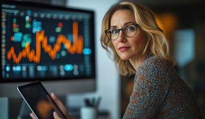 Focused Business Professional Analyzing Market Trends with Digital Tablet and Computer Screen Displaying Data Visualizations in Modern Office Environment