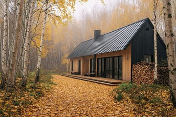 Modern wooden cottage nestled among autumn foliage with large windows and natural surroundings