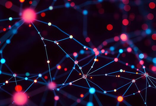 Abstract glowing network nodes transferring data across the internet, innovation, download