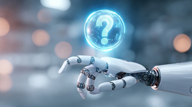 The robot hand reaching for a glowing question mark sphere. - Powered by Adobe
