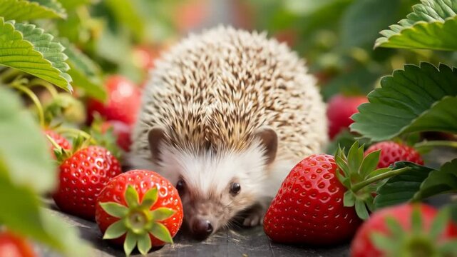 Hedgehog Amongst Strawberries - A cute hedgehog is seen foraging amongst ripe red strawberries in a lush green strawberry patch.
