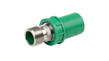Green plastic pipe fitting with a metal male thread adapter isolated on a transparent background.
