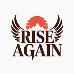 Inspirational rise again logo featuring majestic wings a rising sun and mountain silhouette symbolizing hope resilience and new beginnings