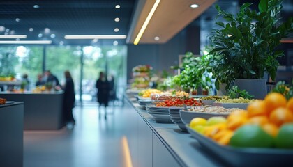 buffet at a corporate event or in a company office, close-up of plates of food and snacks or lunch break at work