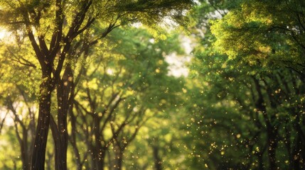 The serene forest with sunlight filtering through vibrant green leaves.