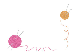 Minimal illustration of pink and yellow yarn balls with knitting needles and loose thread on a white background with corner composition