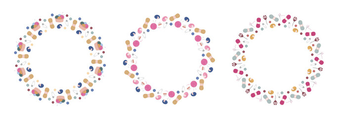 Set of three circular craft frames featuring colorful yarn balls, knitting needles, buttons, scissors, pincushions, and sewing tools arranged on a white background with open center space