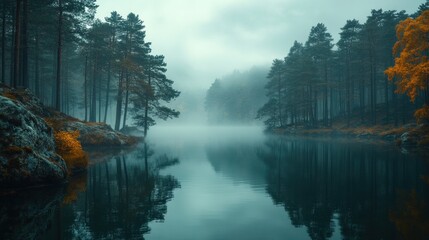 Misty lake reflecting autumn forest.