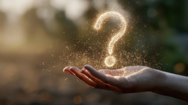 The hand holding a sparkling question mark, symbolizing curiosity and wonder.