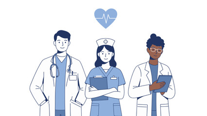 Fototapeta premium Three healthcare professionals standing together with medical tools 