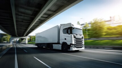 The dynamic motion of a white truck on a modern highway.