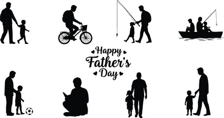 Father’s Day celebration silhouette vector, dad walking, fishing, cycling, reading, playing soccer with kids, love family black design