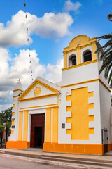 The historic San Juan Bautista Church in Londres, Catamarca, Argentina. Its white and yellow...