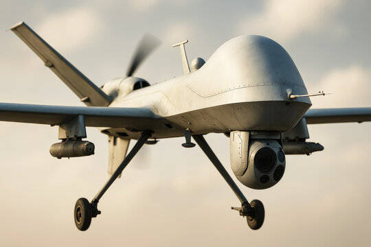 Gray military drone with camera and payload flying in sky unmanned aerial vehicle