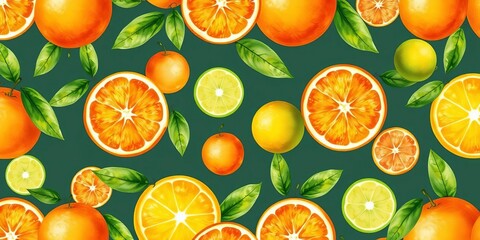 Vibrant watercolor citrus seamless pattern featuring juicy oranges, mandarins, lemons & limes, repeat, digital