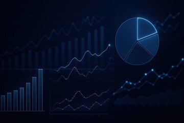 Modern dark blue dashboard with pie and line charts visualizing business analytics, metrics and financial data.