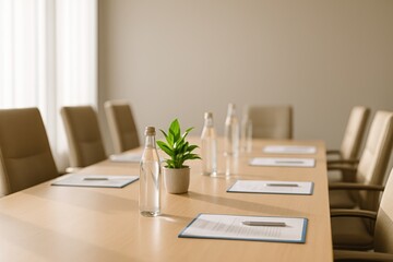 Modern boardroom table with folders, pens, water bottles and plant arranged, awaiting business participants.