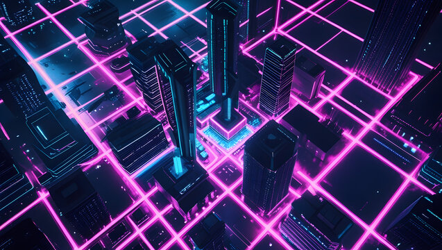 Aerial view of a futuristic city with tall buildings illuminated by neon pink and blue grid lines, creating a cyberpunk aesthetic.
