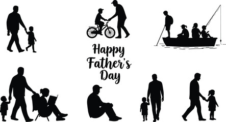 Father’s Day silhouette vector illustration, dad walking with kids, riding bicycle, fishing with family, reading, parenting moments, black family design