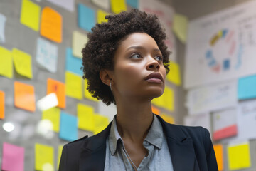African-American young adult businesswoman taking notes during an intense brainstorming session. Sticky notes, charts, and diagrams cover