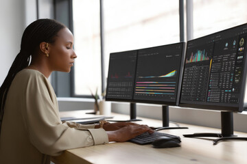 African-American young adult businesswoman typing on a wireless keyboard in a minimalistic workspace, her dual-monitor setup displaying sleek data dashboards and AI-integrated productivity tools.