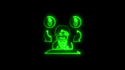 Green neon illustration depicting financial transactions and business concepts on black background