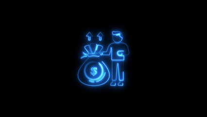 Businessman collecting money from a growing financial bag with neon blue outline