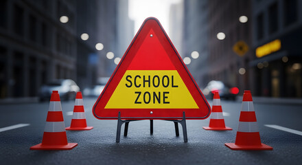A large red and yellow 'School Zone' warning sign with traffic cones on a city street to ensure student safety and traffic control.