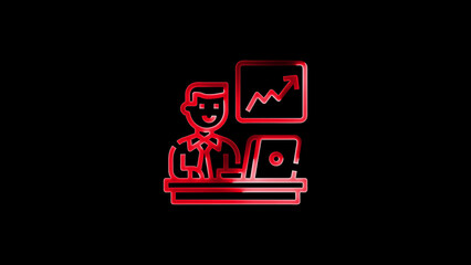 Red outline illustration of a businessman working on a laptop with financial growth chart