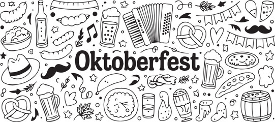 Fototapeta premium Oktoberfest themed doodle art featuring food, drinks, and musical instrument