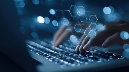 The Hands Typing on a Keyboard with Abstract Digital Elements in a Futuristic Setting