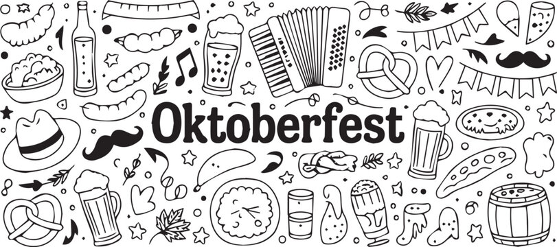 Oktoberfest themed doodle art featuring food, drinks, and musical instrument