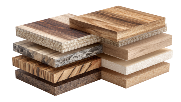 Stacked wood composite panels in various colors and textures