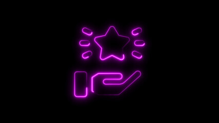 Glowing neon hand holding a star symbolizing achievement and success on a black background