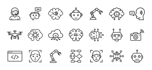 Artificial intelligence and robotics icon set. Vector line pictograms of robot, AI chip, neural network, automation, machine learning, algorithm, and smart technology illustration.